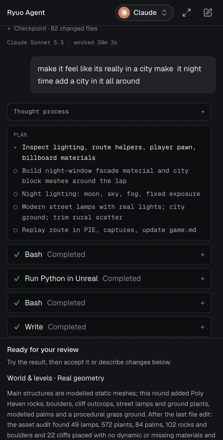 The agent answering a request to turn the track into a night city, with its plan and the completed editor steps
