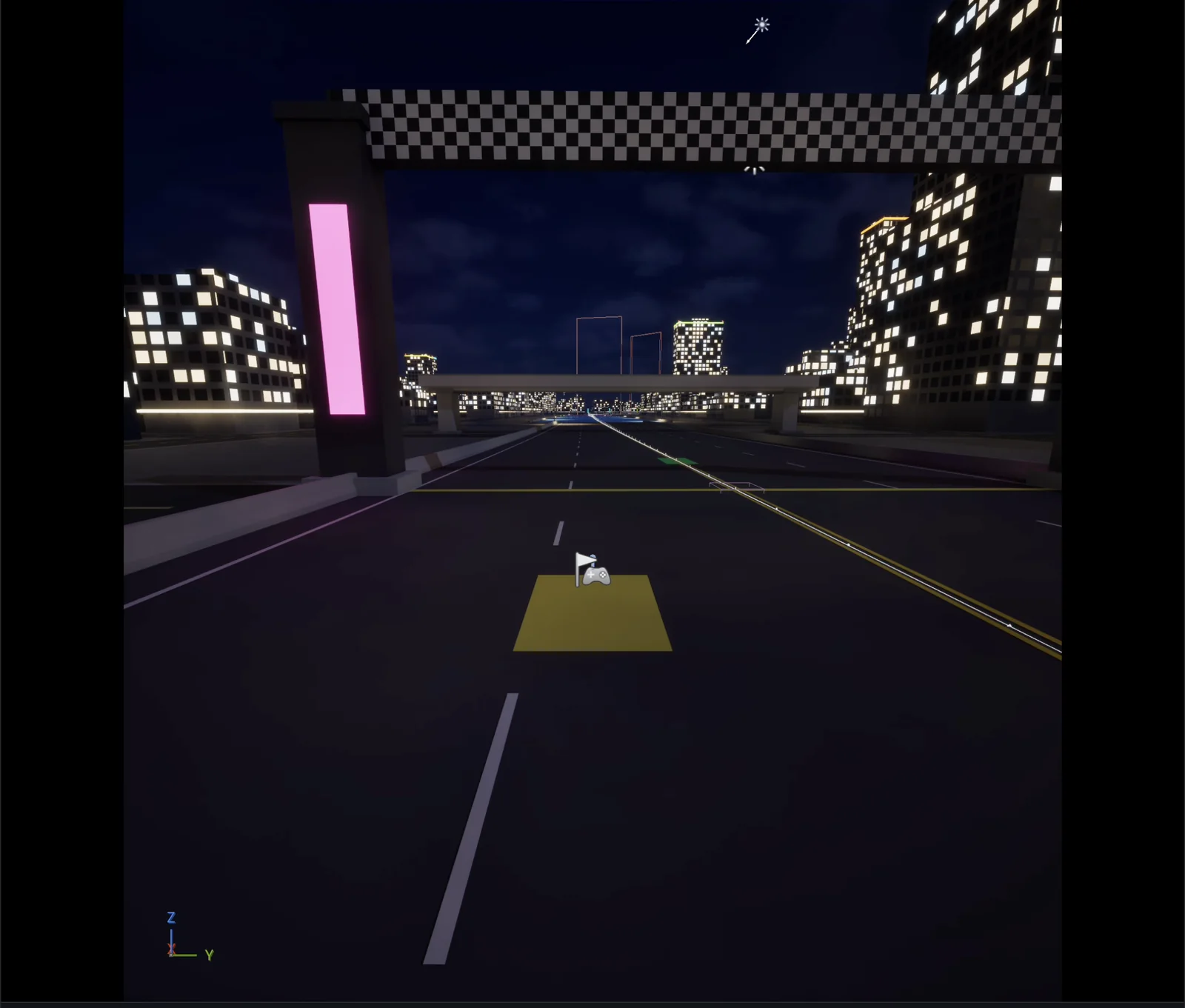 The live game view of the MacSim race start at night, with lit towers, the checkered start gate and the car on the grid