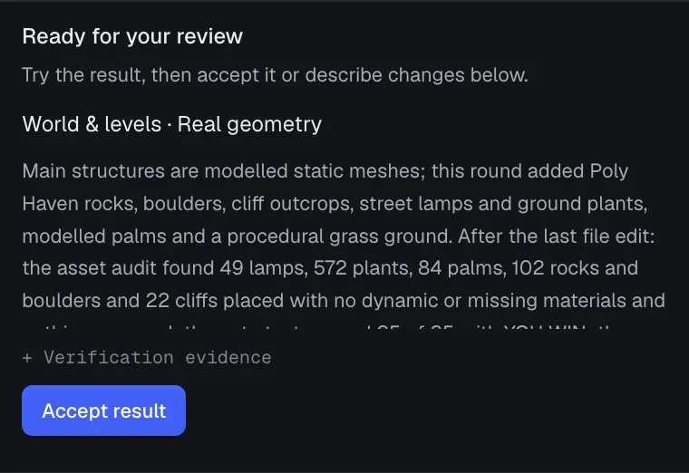 A finished chapter step waiting for review, with the agent's summary, verification evidence and an Accept result button