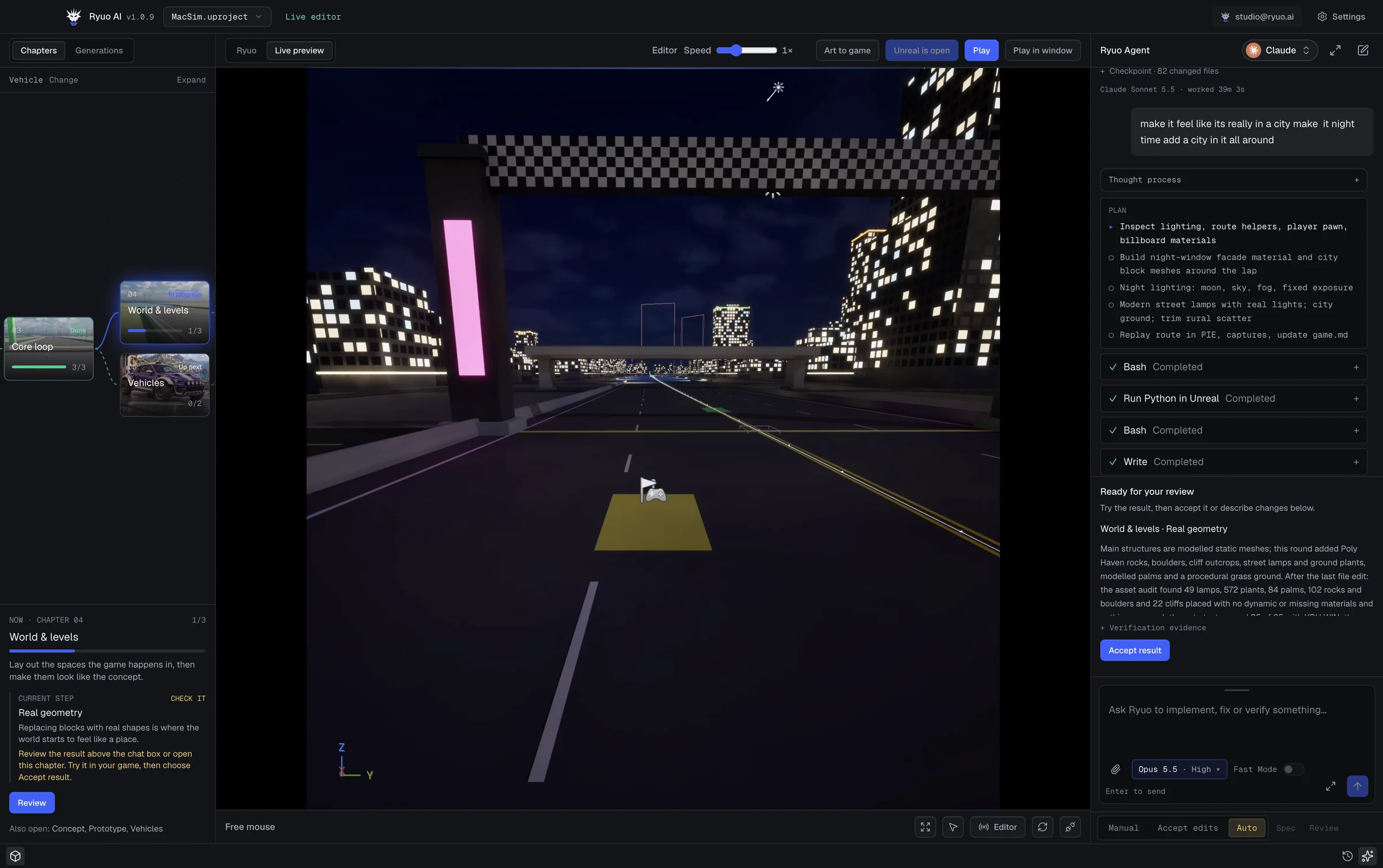 Ryuo Studio with the MacSim racing game running live in Unreal: the chapter map on the left, the night-city race start in the game view, and the agent's plan for the night city on the right